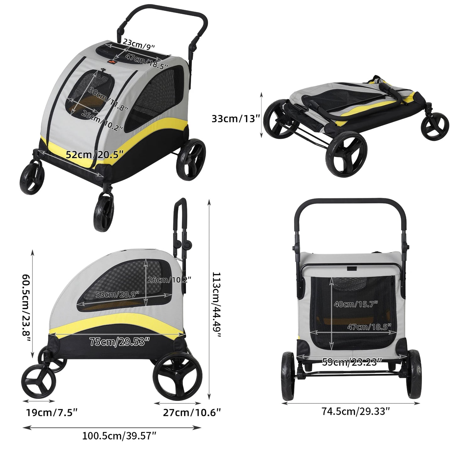 Large Dog Stroller 4 Wheel Pet Trolley Carrier Foldable for 2 Dogs up to 121 lbs