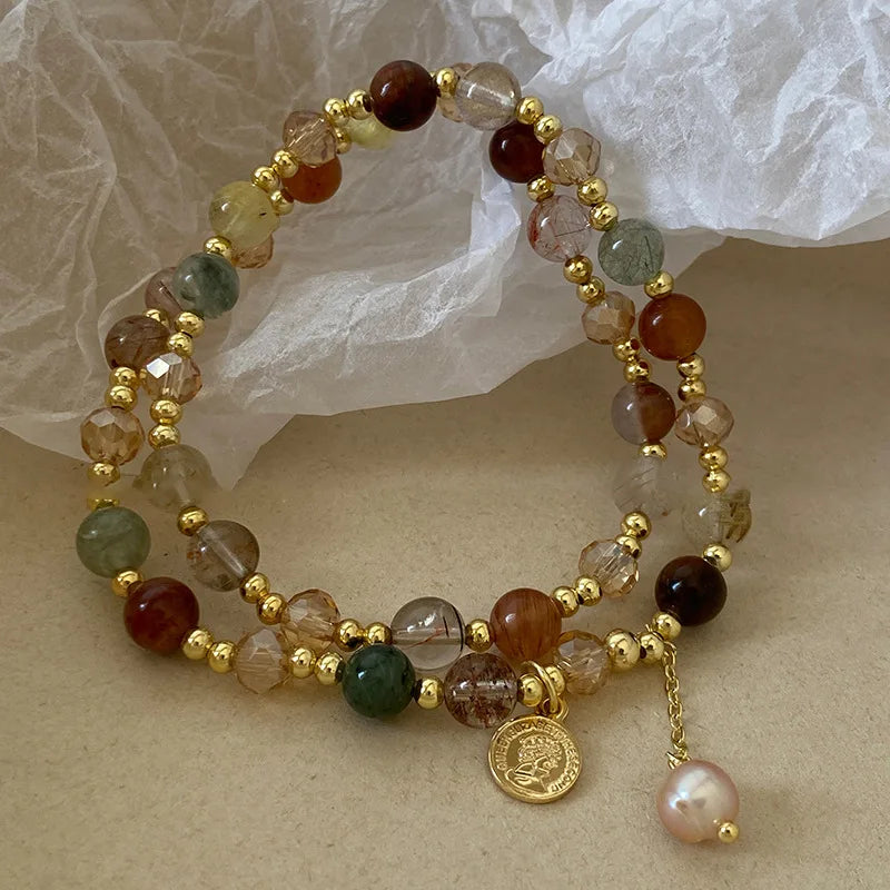 Double Layer Crystal Pearl Beaded Bracelet For Women Vintage Ethnic Style