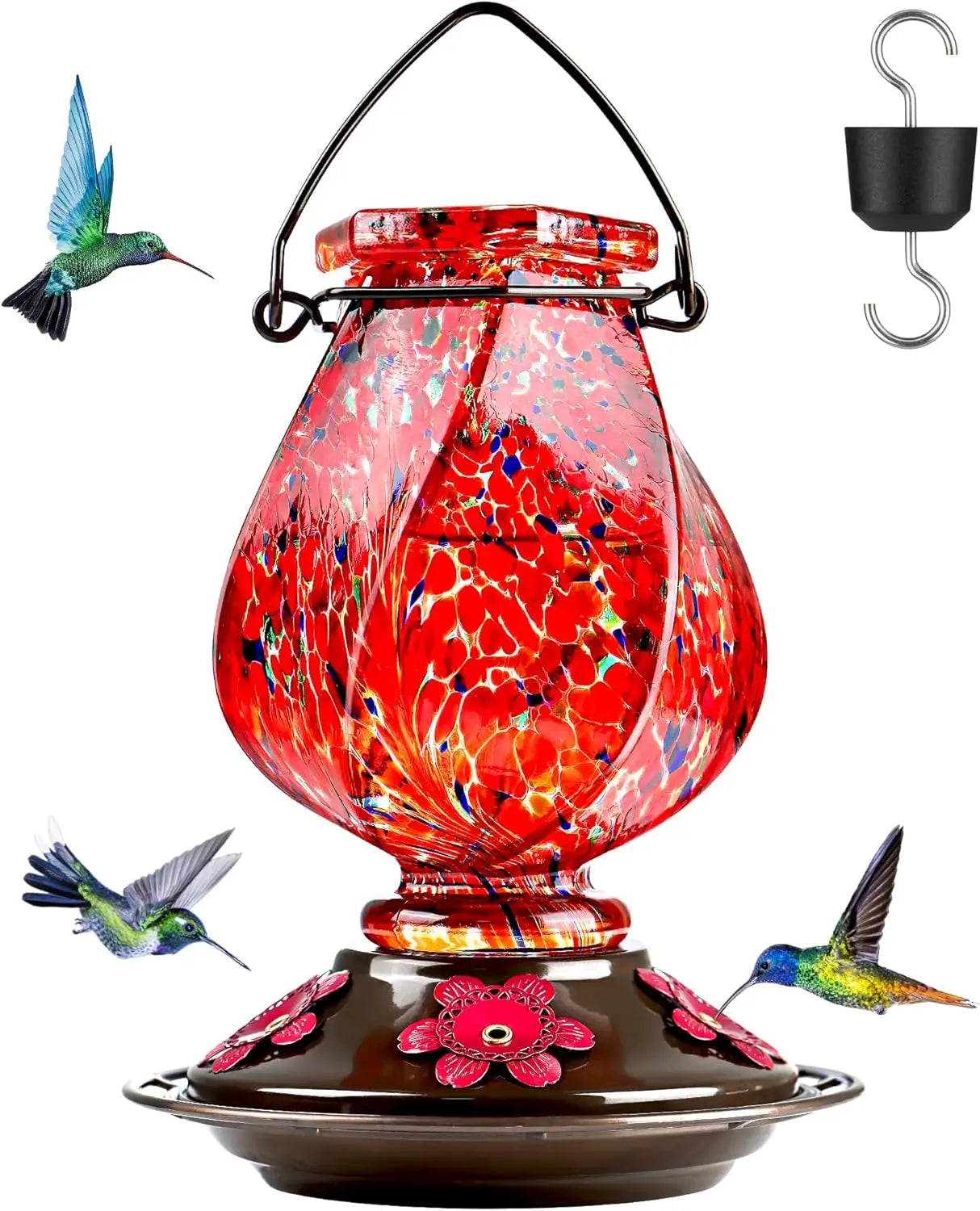 Hummingbird Feeder, Hand Blown Glass Hummingbird Feeders for Outdoors Hanging with Ant Moat, 5 Bee-Proof Ports, Leak-Proof, 360°