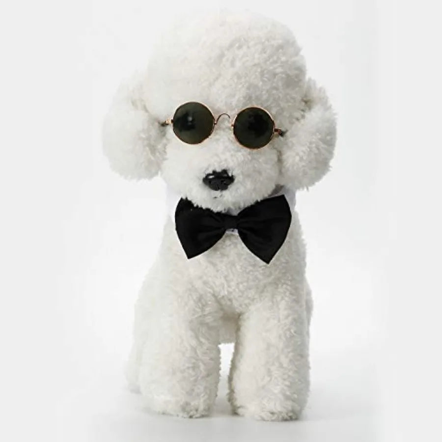2 Pieces Pets Dog Cat Bowtie Tie Sunglasses Pets Costume Adjustable Formal Necktie Collar for Cats Small Dogs Puppy Round Metal
