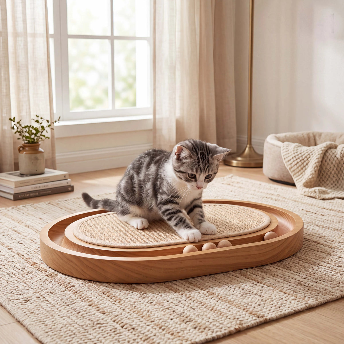 3-in-1 Wooden Oval Cat Scratcher with Rolling Balls