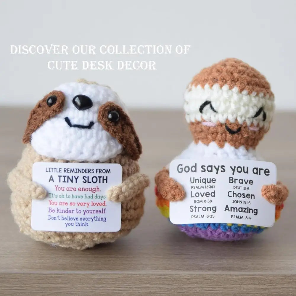 JoyChoi Positive Crochet Animals – 4-Pack Handmade Mini Plush Duck, Sloth, Dinosaur & Mystery Figure – Cute Emotional Support Gi