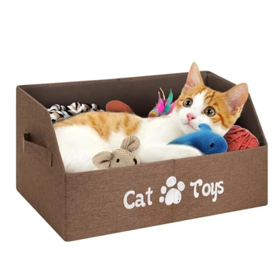 2X Thicker Large Cat Toy Bin Collapsible Cat Toy Box Sturdy Cat Toy Basket Kitten Toy Storage Bed for Organizing Cat Toys Treat