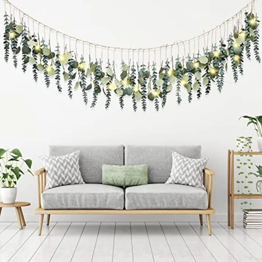 Artificial Hanging Eucalyptus Wall Decor Boho Bedroom Wall Decor with LED String Light for Home Office Farmhouse Nursery Bathro