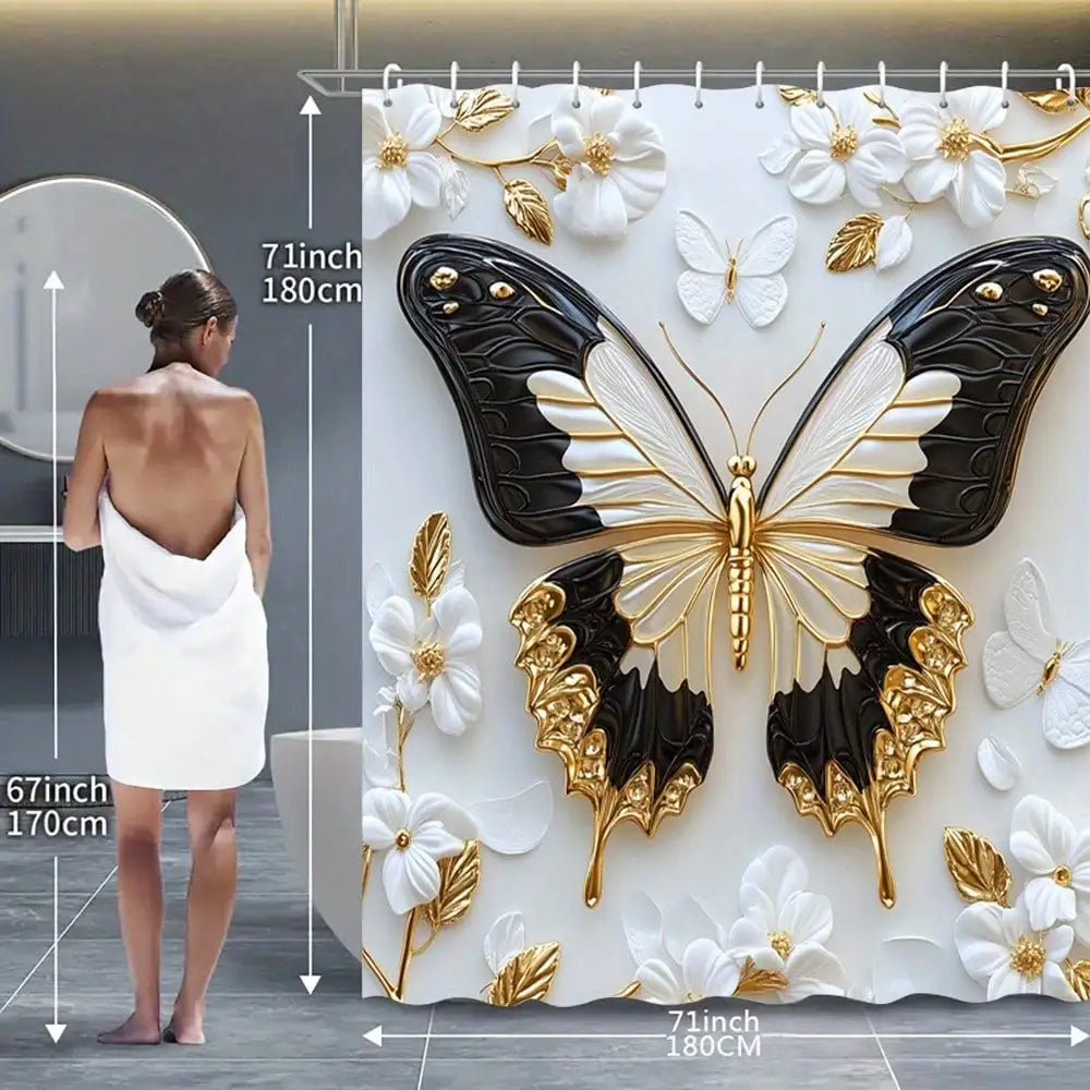 Butterfly Shower Curtain Set With Waterproof Non Slip Floor Mat