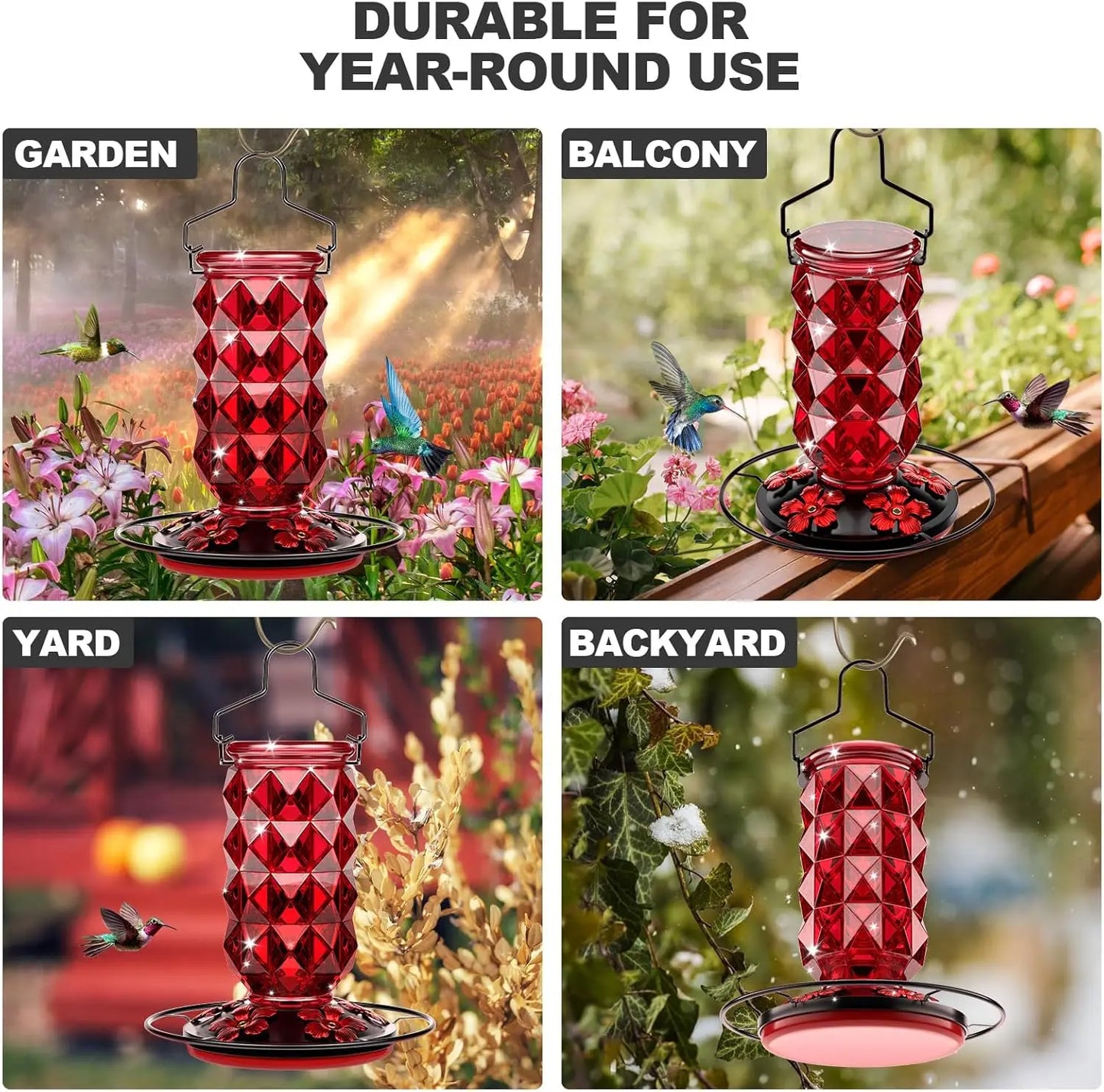 Glass Hummingbird Feeders for Outdoors Hanging, 25Oz Bird Nectar Feeder with Perch & 5 Flower Feeding Ports Leak Proof Hanging f