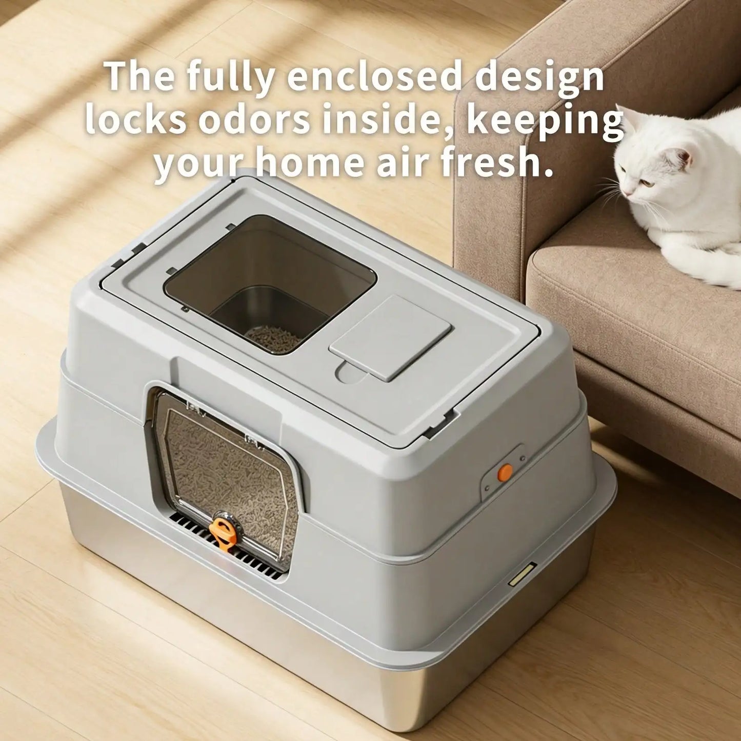 Citylife Extra Large Stainless Steel Cat Litter Box, Fully Enclosed Double Door, Long-Lasting Odor-Blocking And Splash-Resistant Cat Toilet , 120° Flip-Top, Easy Clean