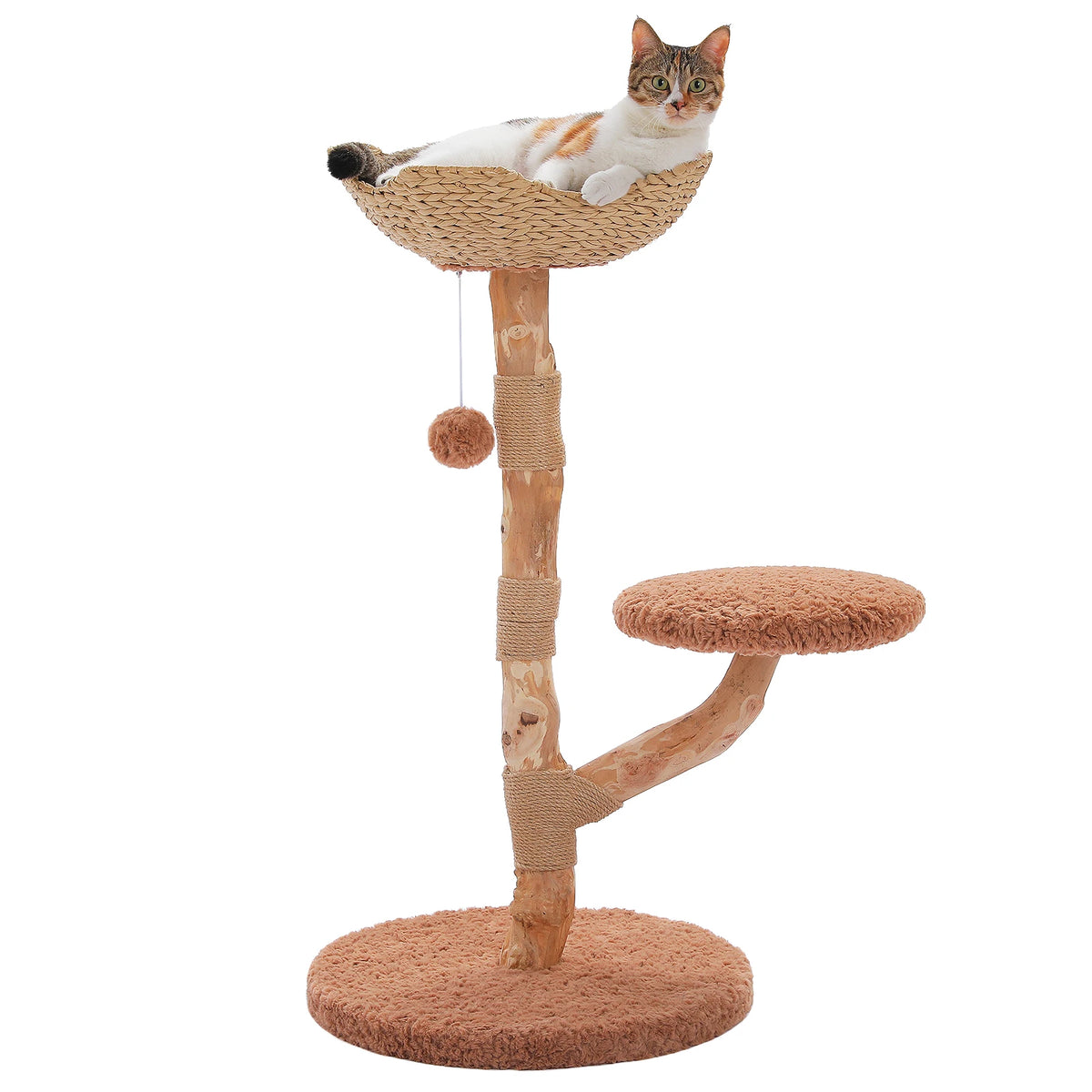 Modern Wood Cat Tree with Wicker Basket Bed and Sisal Posts