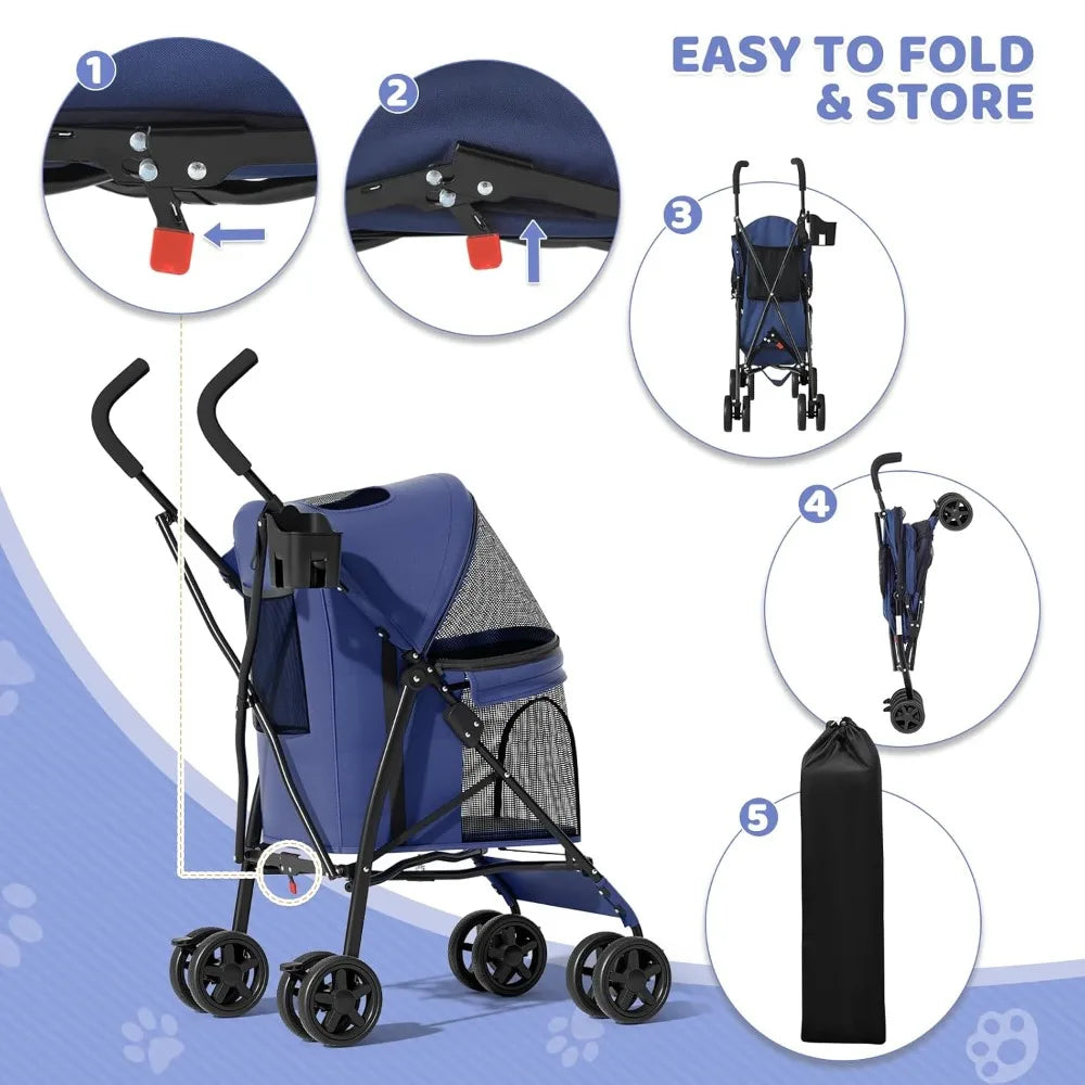 Compact Pet Stroller for Small-Medium Dogs/Cats up to 22lbs, 4-Wheel Lightweight Umbrella Shaped Portable Puppy Travel