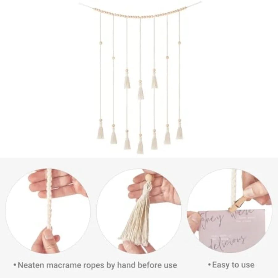 Macrame Hanging Photo Display Wall Decor with String Lights Boho Room Bedroom Wooden Beads Garland Picture Greeting Cards Holde