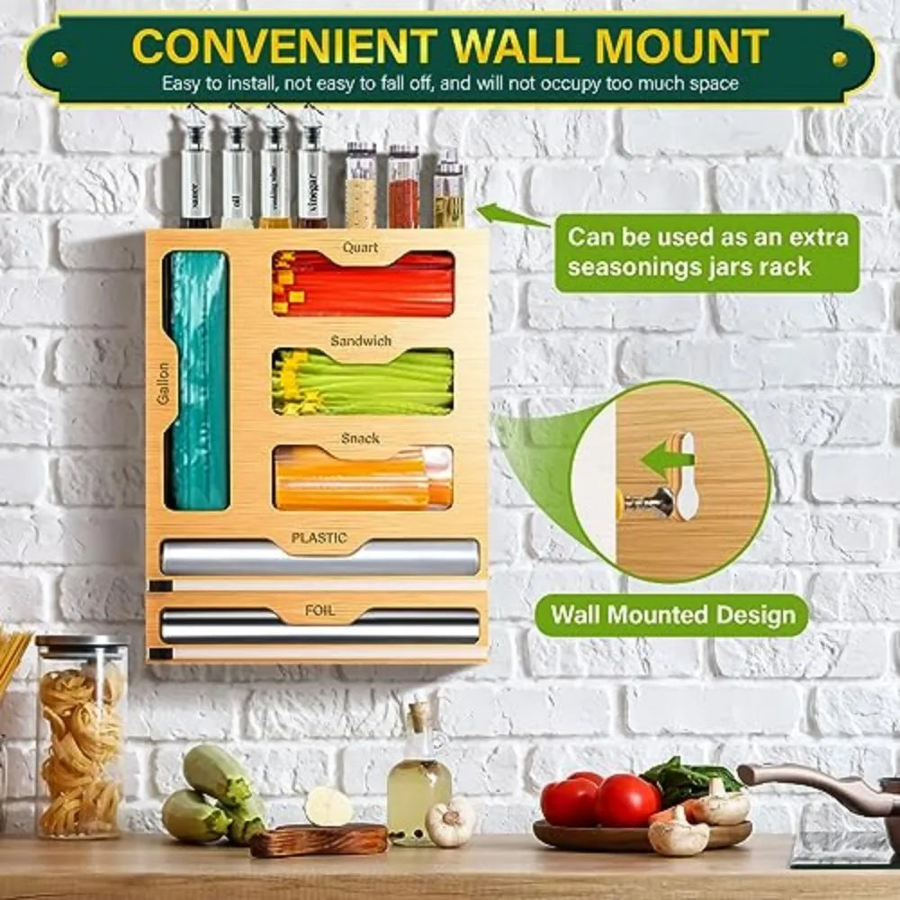 Bamboo Wrap Dispenser and Food Bag Organizer