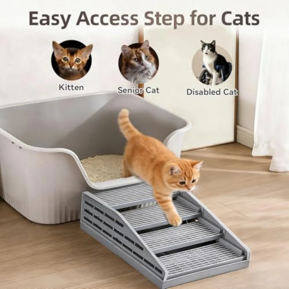 Adjustable Cat Litter Box Step with Litter-Trapping Tray