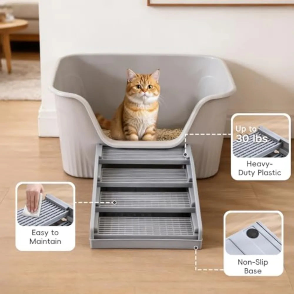 Adjustable Cat Litter Box Step with Litter-Trapping Tray