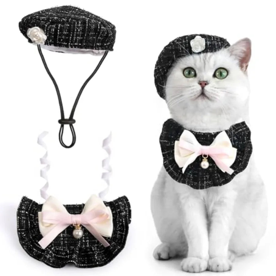2PCS Cat Beret Hat with Small Camellia, Adjustable Satin Bowtie Bandana Scarf Set Pet Princess Costume for Halloween Christmas,