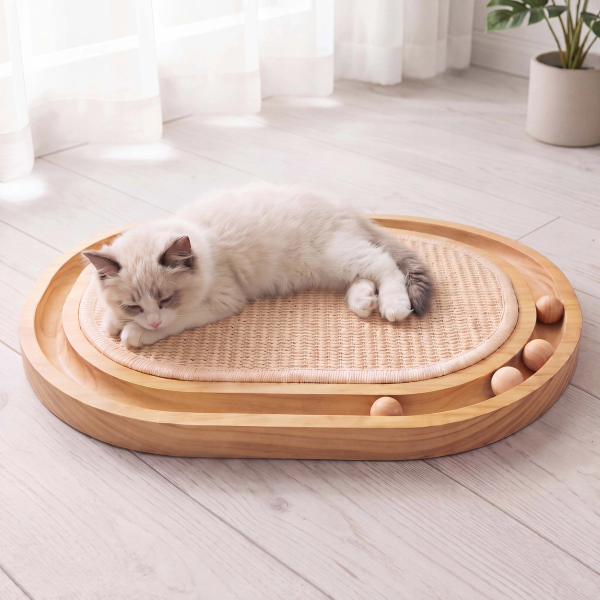 3-in-1 Wooden Oval Cat Scratcher with Rolling Balls