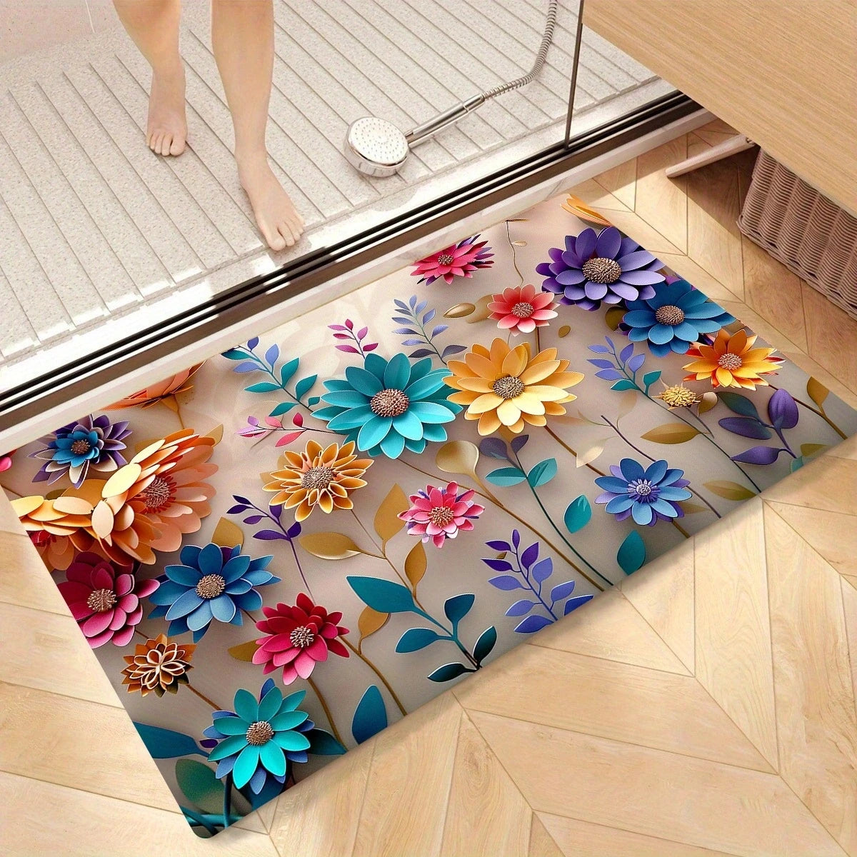 Floral Print Bathroom Mat Anti Slip Super Absorbent Shower Mat