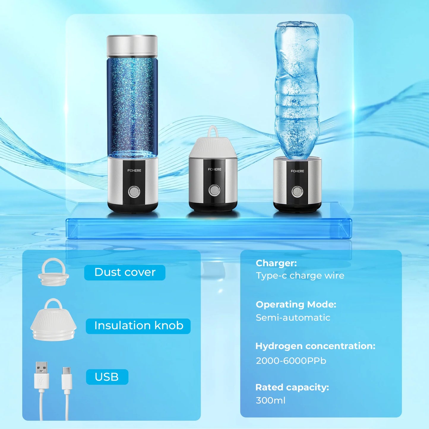 Hydrogen Water Bottle, Up to 6000ppb, Hang & Go Portable Hydrogen Water Generator with SPE/PEM Technology, Leak-Proof Design for Home, Office, Travel, Hiking