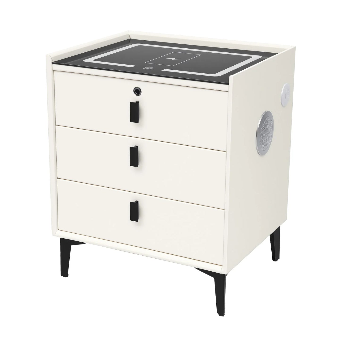 Beige Bedside Cabinet Wooden 3 Drawer Smart Nightstand with LED Light & Wireless Charging & Fingerprint Lock & Bluetooth Speaker