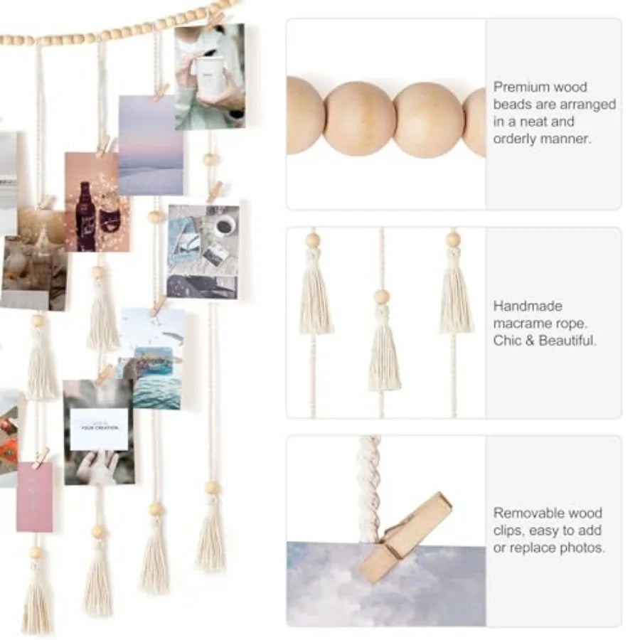 Macrame Hanging Photo Display Wall Decor with String Lights Boho Room Bedroom Wooden Beads Garland Picture Greeting Cards Holde