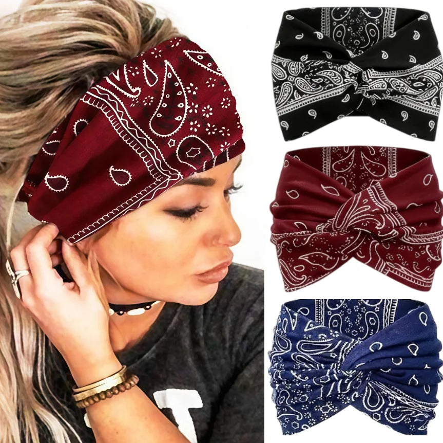3 Pack Wide Headbands for Women Paisley Twist Hair Bands Stretchy Cross Head Turban Bandana Valentine's Day Non Slip Exercise Hair Wraps Accessories