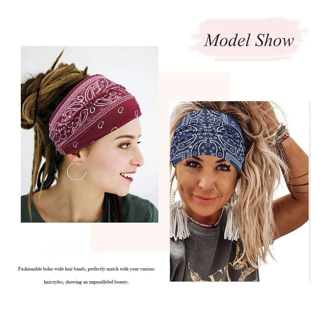 3 Pack Wide Headbands for Women Paisley Twist Hair Bands Stretchy Cross Head Turban Bandana Valentine's Day Non Slip Exercise Hair Wraps Accessories