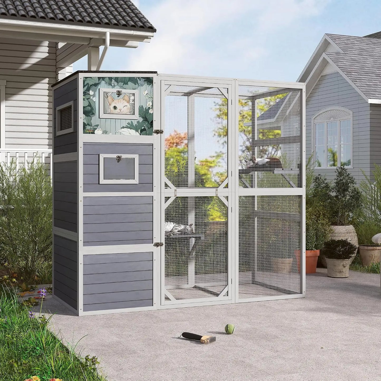 Large Wood Cat Catio, Outdoor Enclosure with Weatherproof Roof, 2 Resting Rooms, 2 Platforms, 4-Tier Cat Playpen (Grey, Custom