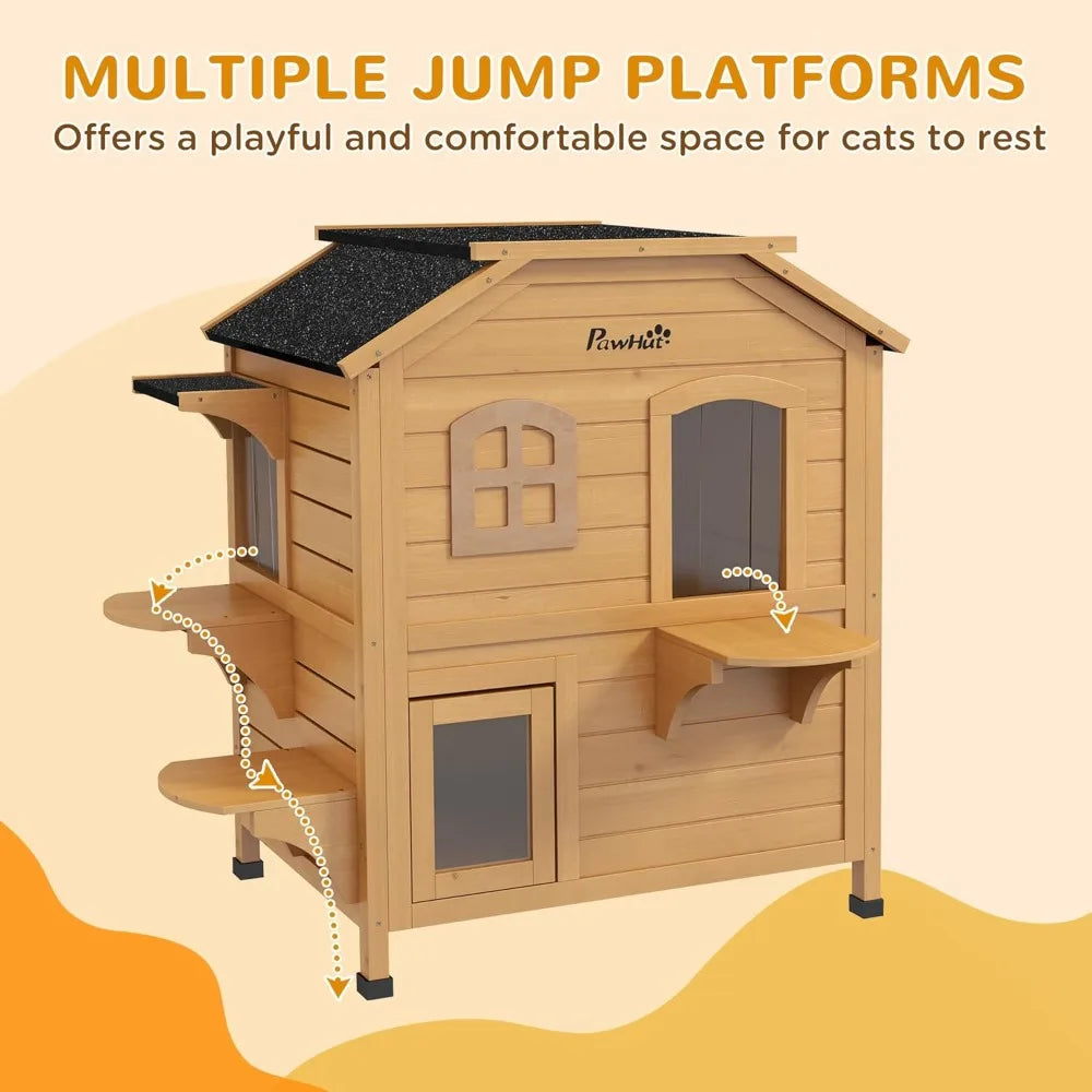 pawhut 2-story cat house outdoor, weatherproof wooden cat enclosure for feral cats with escape door, openable roof, jumping plat