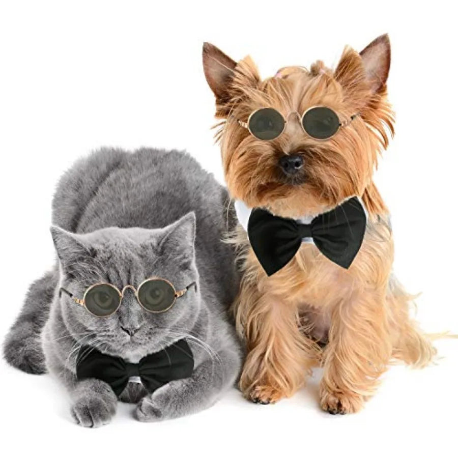 2 Pieces Pets Dog Cat Bowtie Tie Sunglasses Pets Costume Adjustable Formal Necktie Collar for Cats Small Dogs Puppy Round Metal