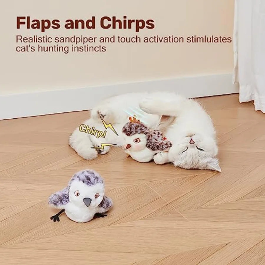 Cat Toys 2 Pcs Flapping Sandpiper Pair-Mate, Lifelike Birds Chirp, Chargeable Touch Activated Kitten Fun Interactive Kitty Exer