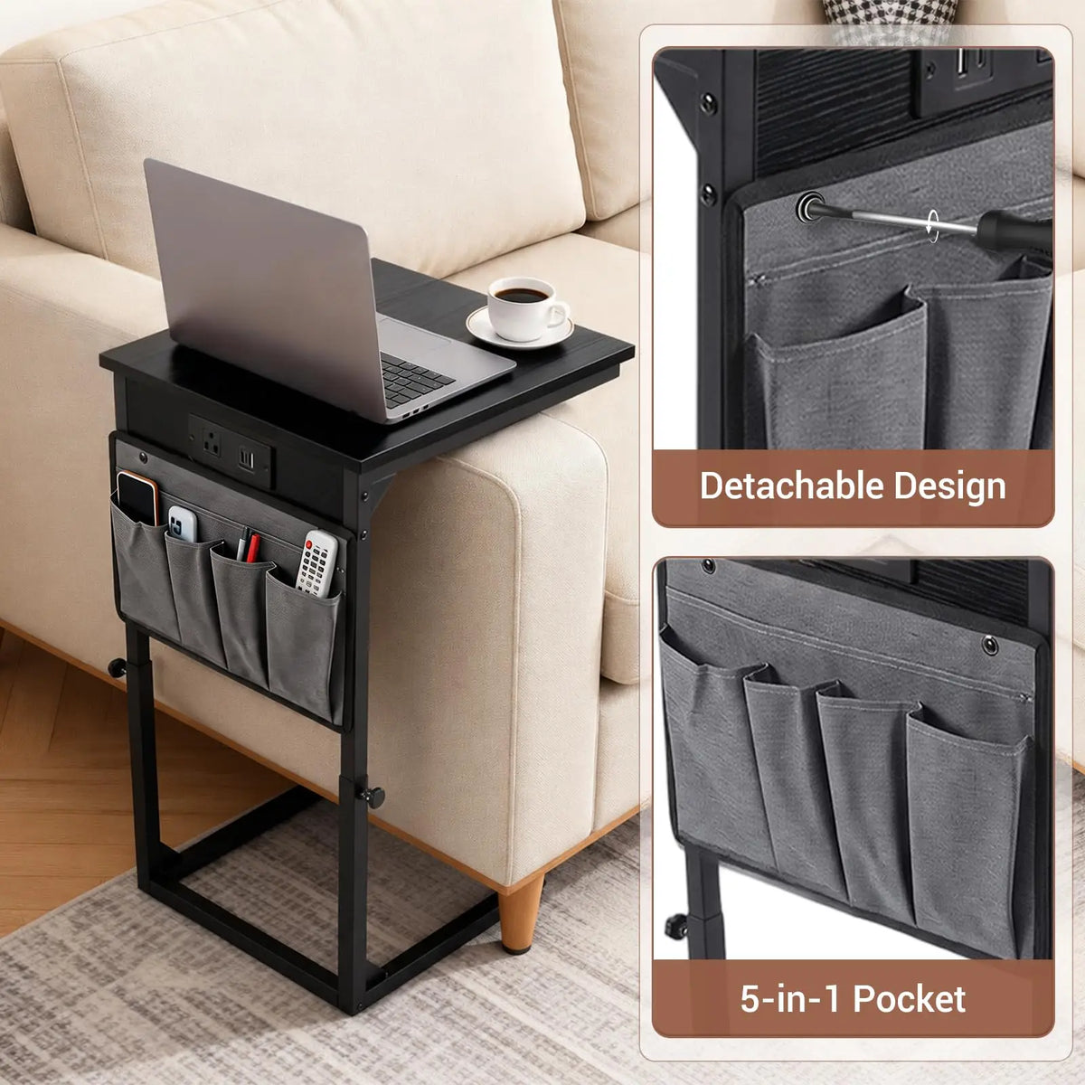 Adjustable C-Shaped Side Table with Charging Station
