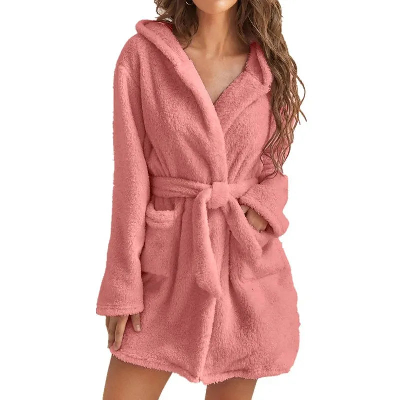 Fluffy Winter Women's Robe Plush Hooded Bathrobe Comfortable Cozy