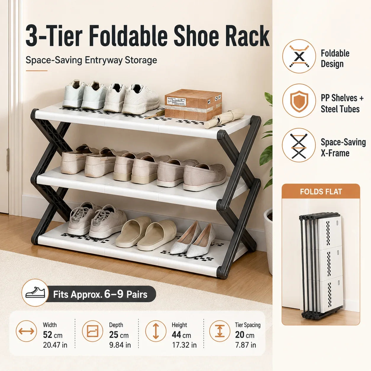 Joybos Foldable Shoe Rack With X Frame And PP Shelves No Assembly Required
