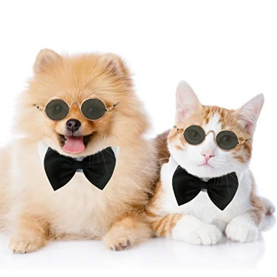 2 Pieces Pets Dog Cat Bowtie Tie Sunglasses Pets Costume Adjustable Formal Necktie Collar for Cats Small Dogs Puppy Round Metal