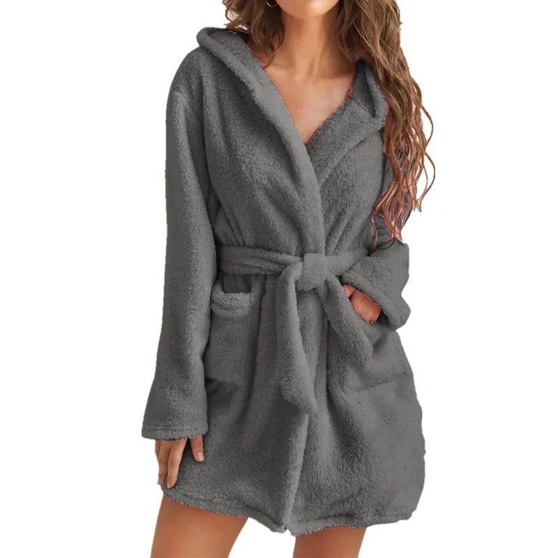 Fluffy Winter Women's Robe Plush Hooded Bathrobe Comfortable Cozy