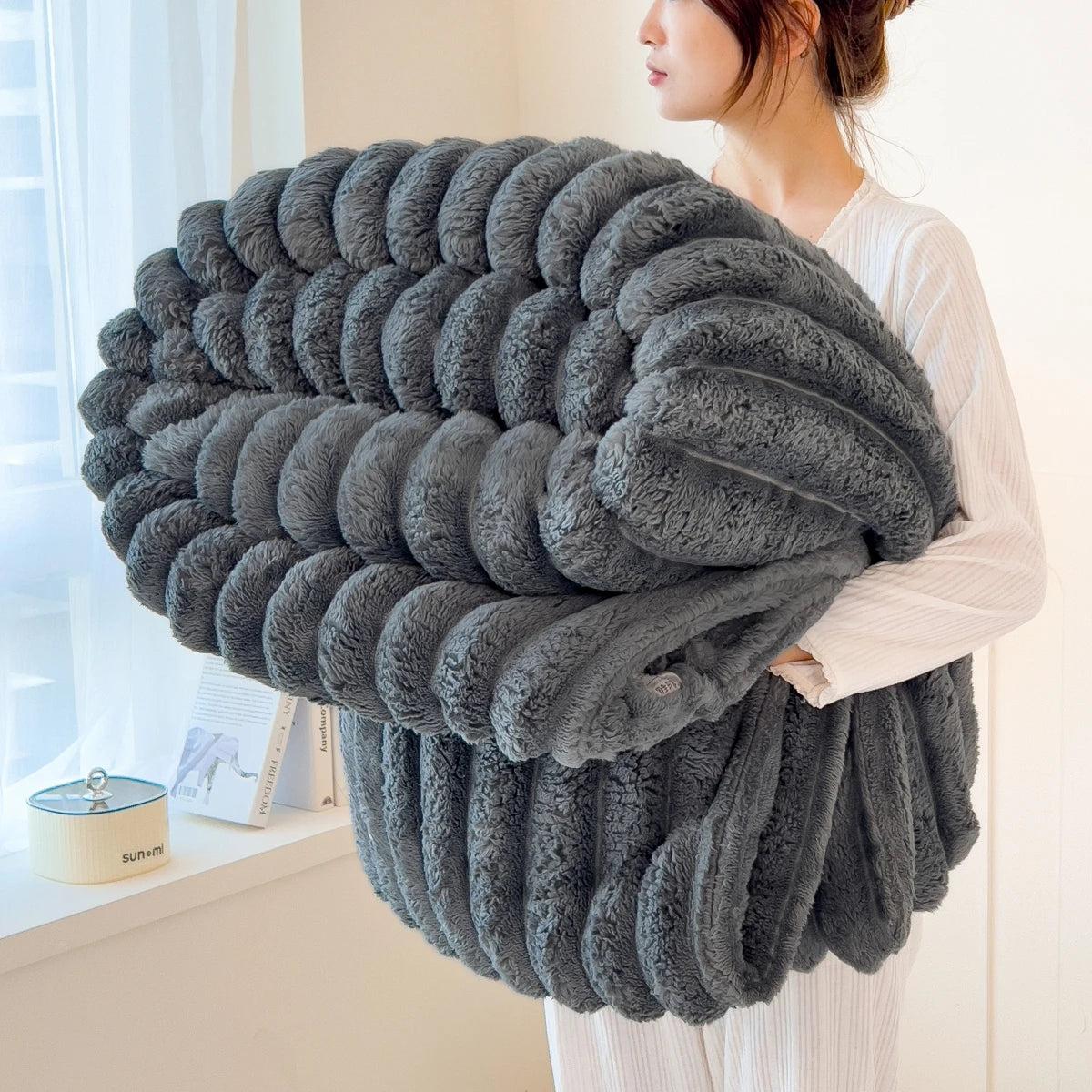 Striped Thickened Coral Fleece Multifunctional Blanket