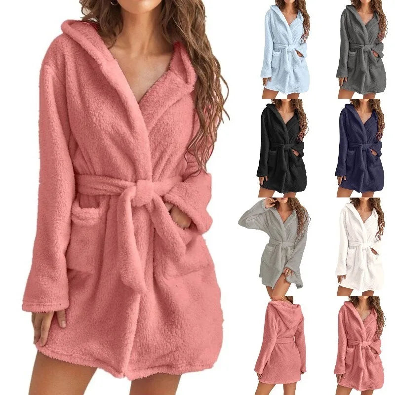 Fluffy Winter Women's Robe Plush Hooded Bathrobe Comfortable Cozy