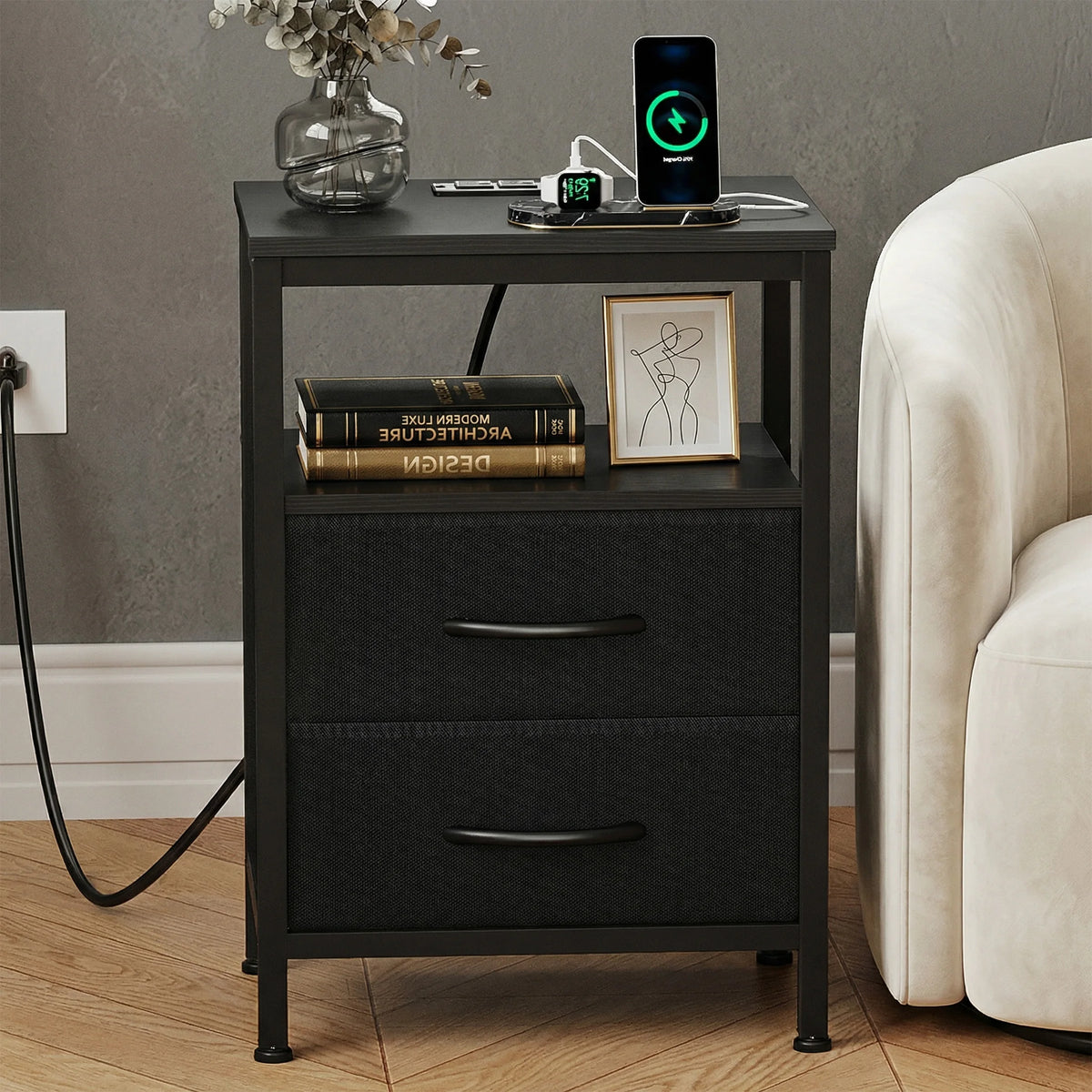 Modern Metal Nightstand with Charging Station