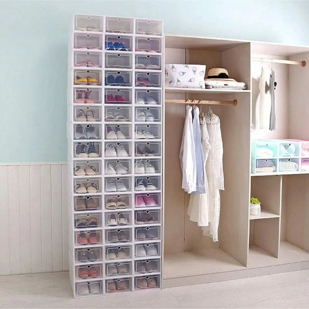 Foldable Flip Shoe Box Set Clear Plastic Stackable Storage Organizer
