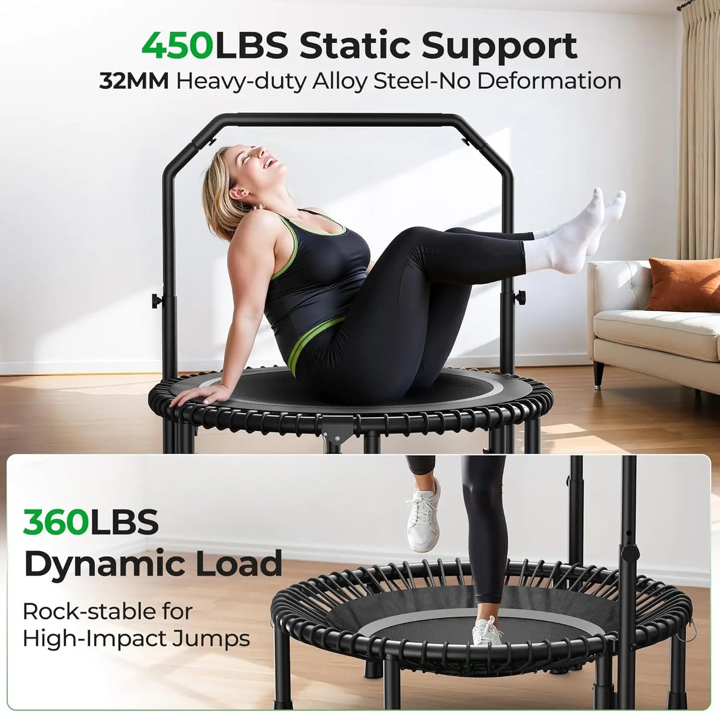 BCAN 450LBS Mini Rebounder Trampoline, Fitness Trampoline with Bungees, Adjustable Handle, Whole-Body Workout & Relaxation-40IN