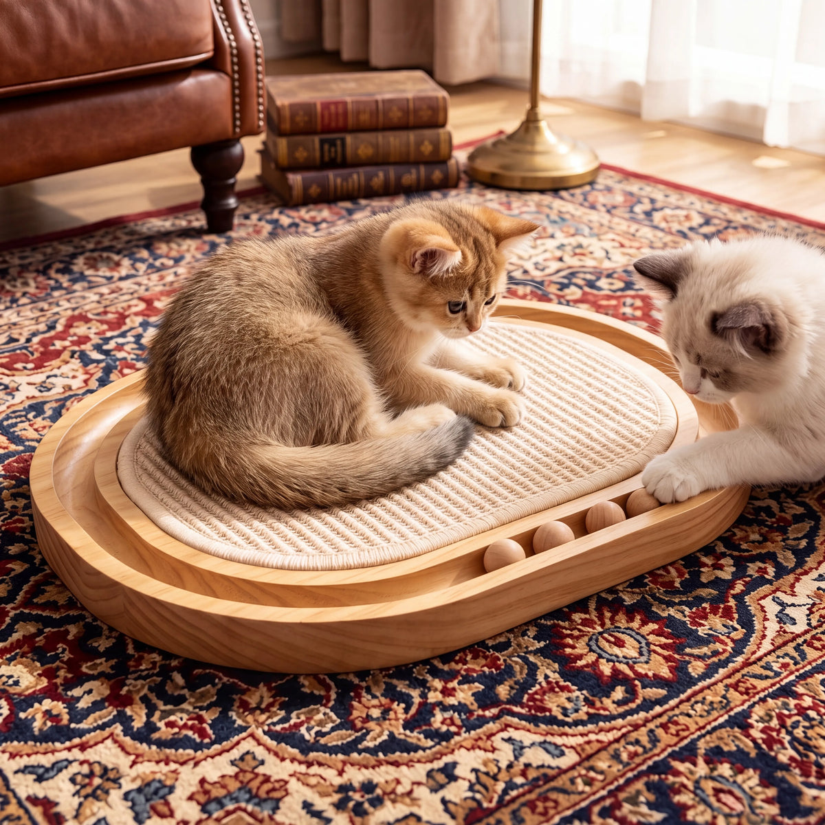 3-in-1 Wooden Oval Cat Scratcher with Rolling Balls