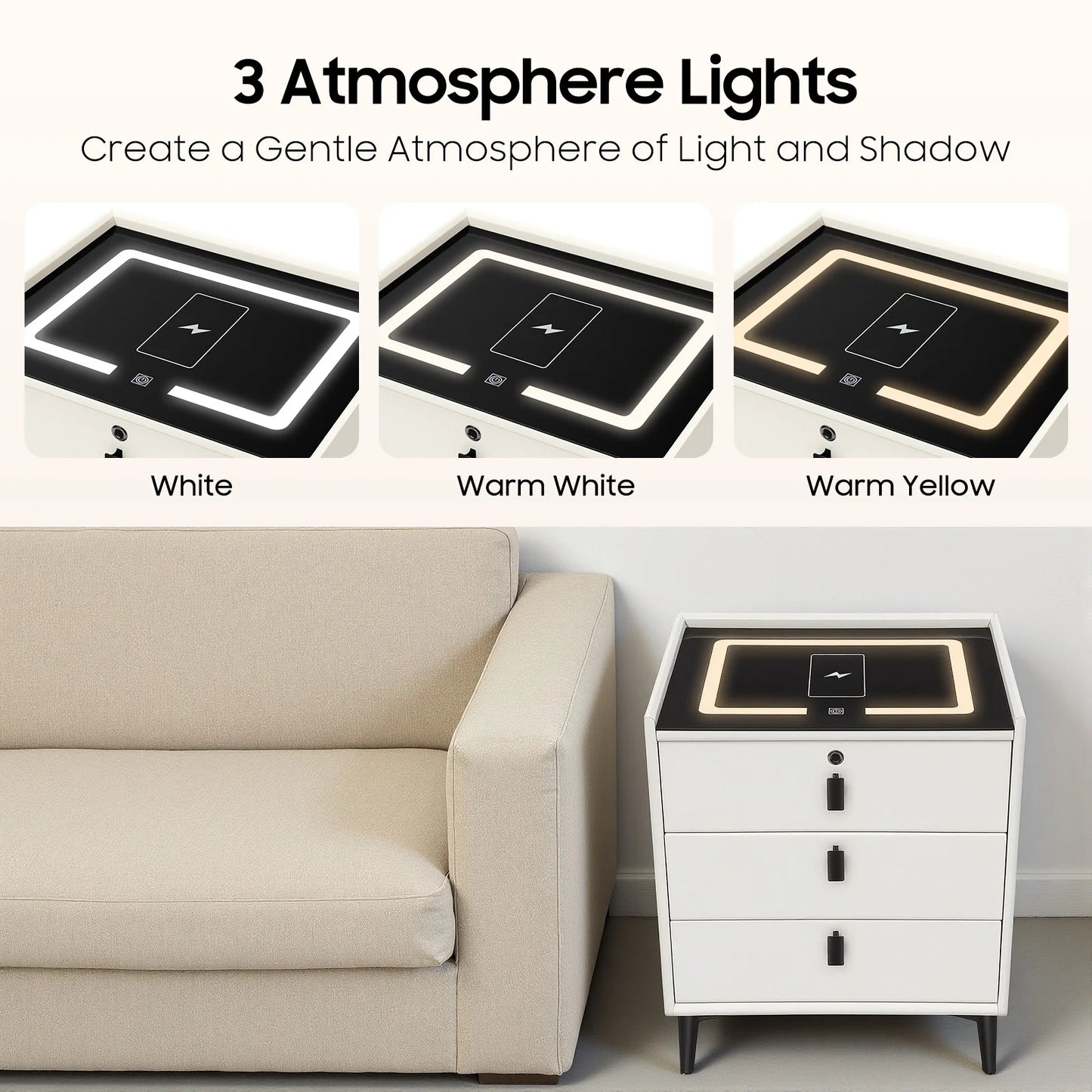 Beige Bedside Cabinet Wooden 3 Drawer Smart Nightstand with LED Light & Wireless Charging & Fingerprint Lock & Bluetooth Speaker