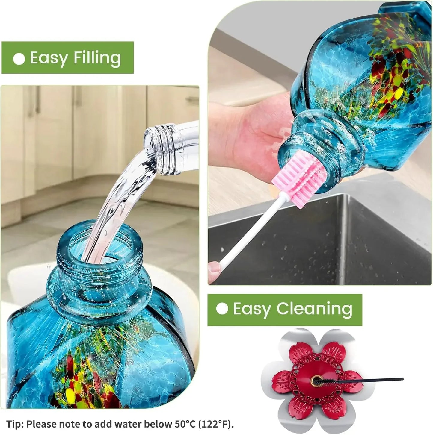 Hummingbird Feeder, Hand Blown Glass Hummingbird Feeders for Outdoors Hanging with Ant Moat, 5 Bee-Proof Ports, Leak-Proof, 360°