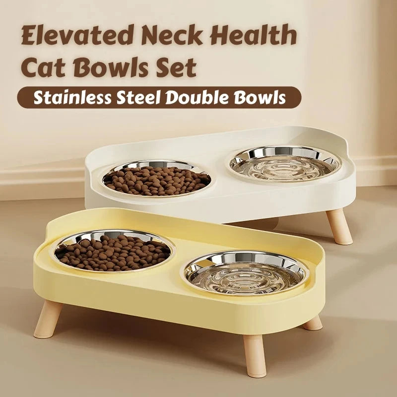 Dopamine Elevated Dual Pet Bowl Cat Dog Medium Capacity Neck Protection Stainless Steel Household Double Bowl Set