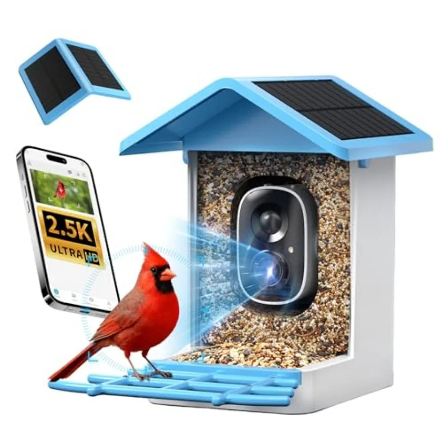 Smart Bird Feeder with Camera, 2.5K QHD, AI Identify 16000+ Birds, Dual Solar Panel, AI Auto-Capture and Motion Detection, IP