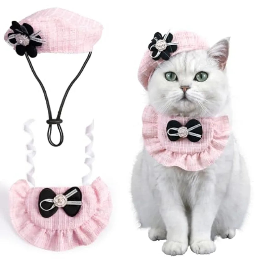 2PCS Cat Beret Hat with Small Camellia, Adjustable Satin Bowtie Bandana Scarf Set Pet Princess Costume for Halloween Christmas,