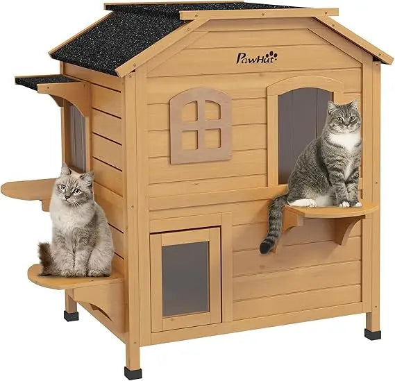 pawhut 2-story cat house outdoor, weatherproof wooden cat enclosure for feral cats with escape door, openable roof, jumping plat