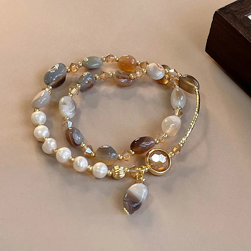 Double Layer Crystal Pearl Beaded Bracelet For Women Vintage Ethnic Style