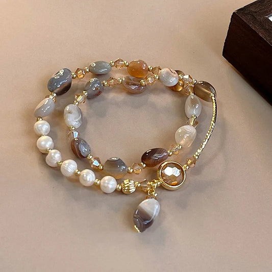 Double Layer Crystal Pearl Beaded Bracelet For Women Vintage Ethnic Style
