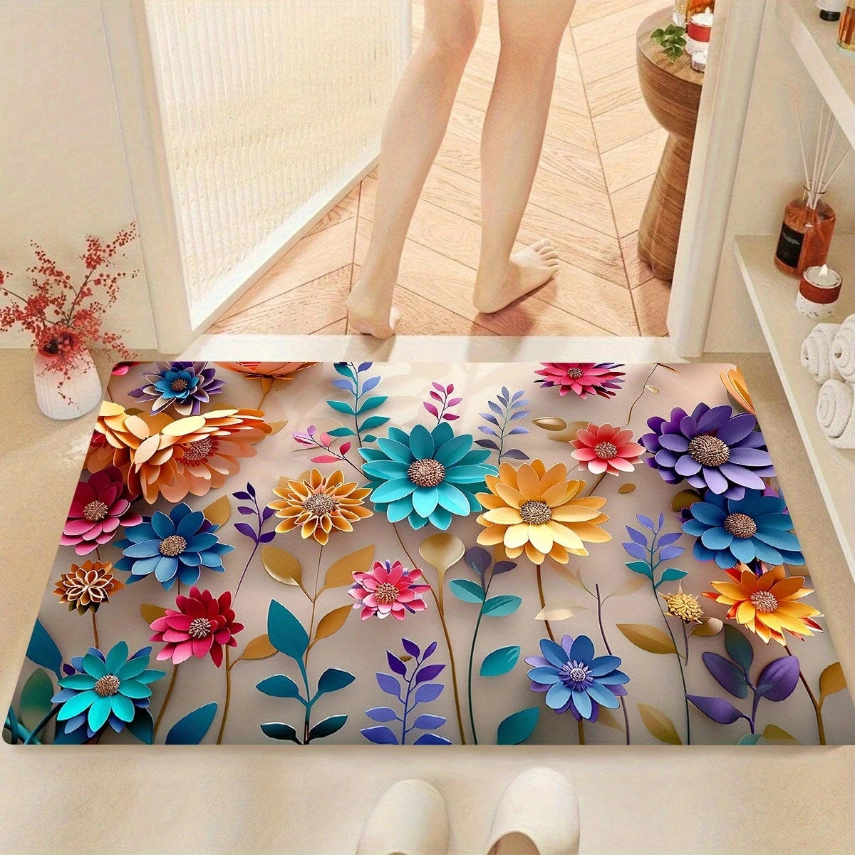 Floral Print Bathroom Mat Anti Slip Super Absorbent Shower Mat