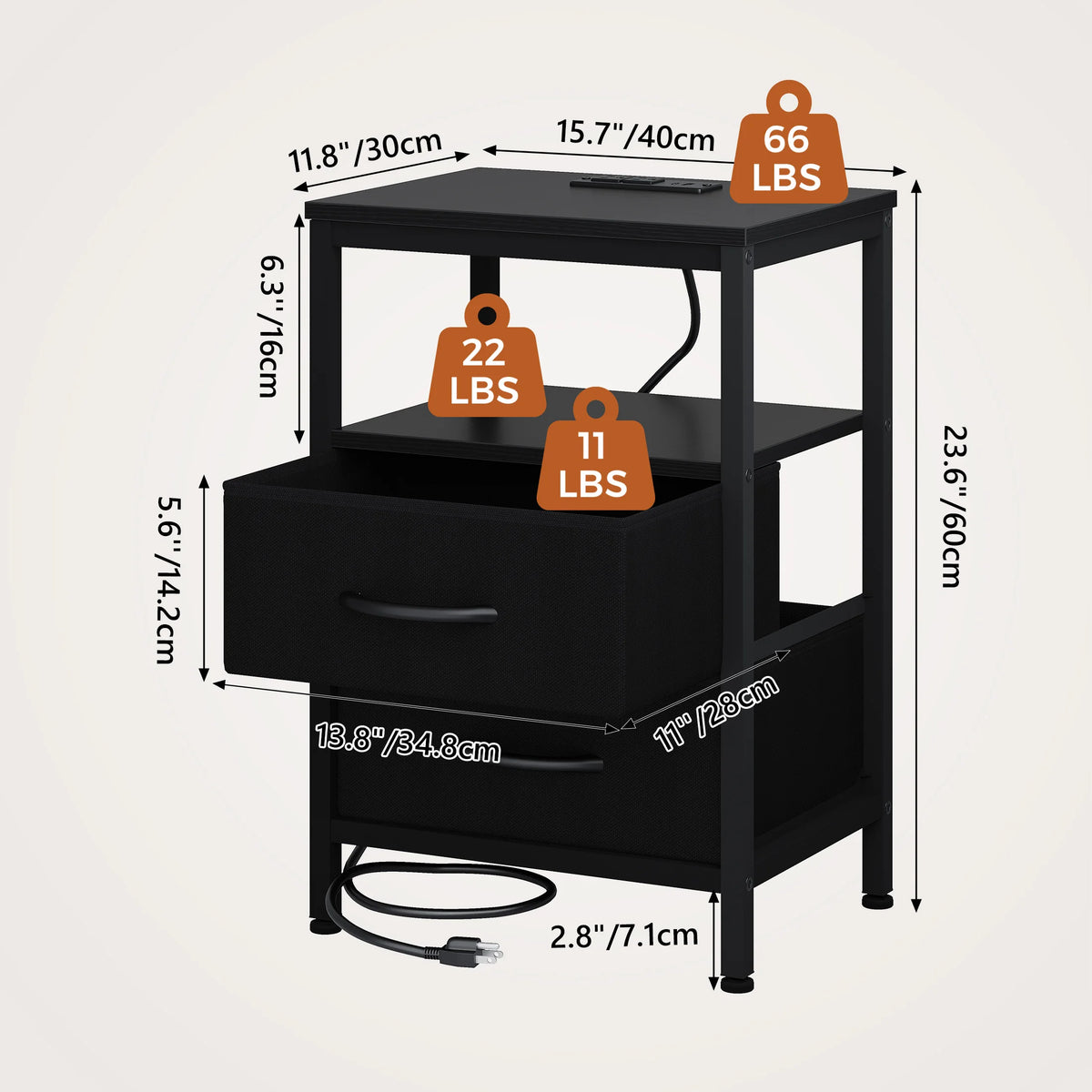 Modern Metal Nightstand with Charging Station